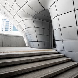 The curving, tiled walls of the Dongdaemun Design Plaza in Seoul, Korea