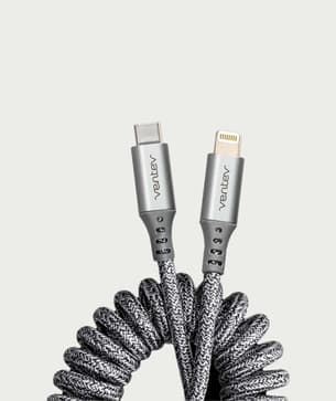 Shopmoment Ventev Charge Sync Coiled USB C to Apple Lightning Cable 3ft close up