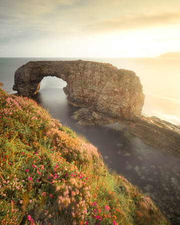 The Great Pollet Sea Arch in Ireland shines during golden hour
