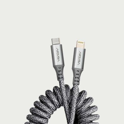 Shopmoment Ventev Charge Sync Coiled USB C to Apple Lightning Cable 3ft close up