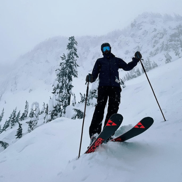 Caleb Babcock skiing with a fisheye view