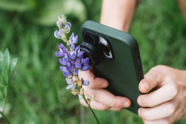 Moment’s T-Series Mobile Lens Guide | Hand holding Maco 10x lens to a purple flower.