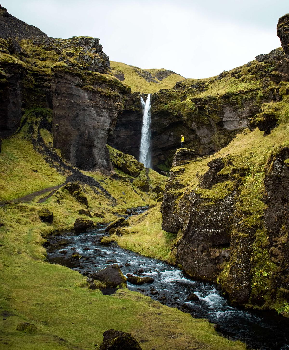 A waterfall inside of a mossy green canyon in Iceland