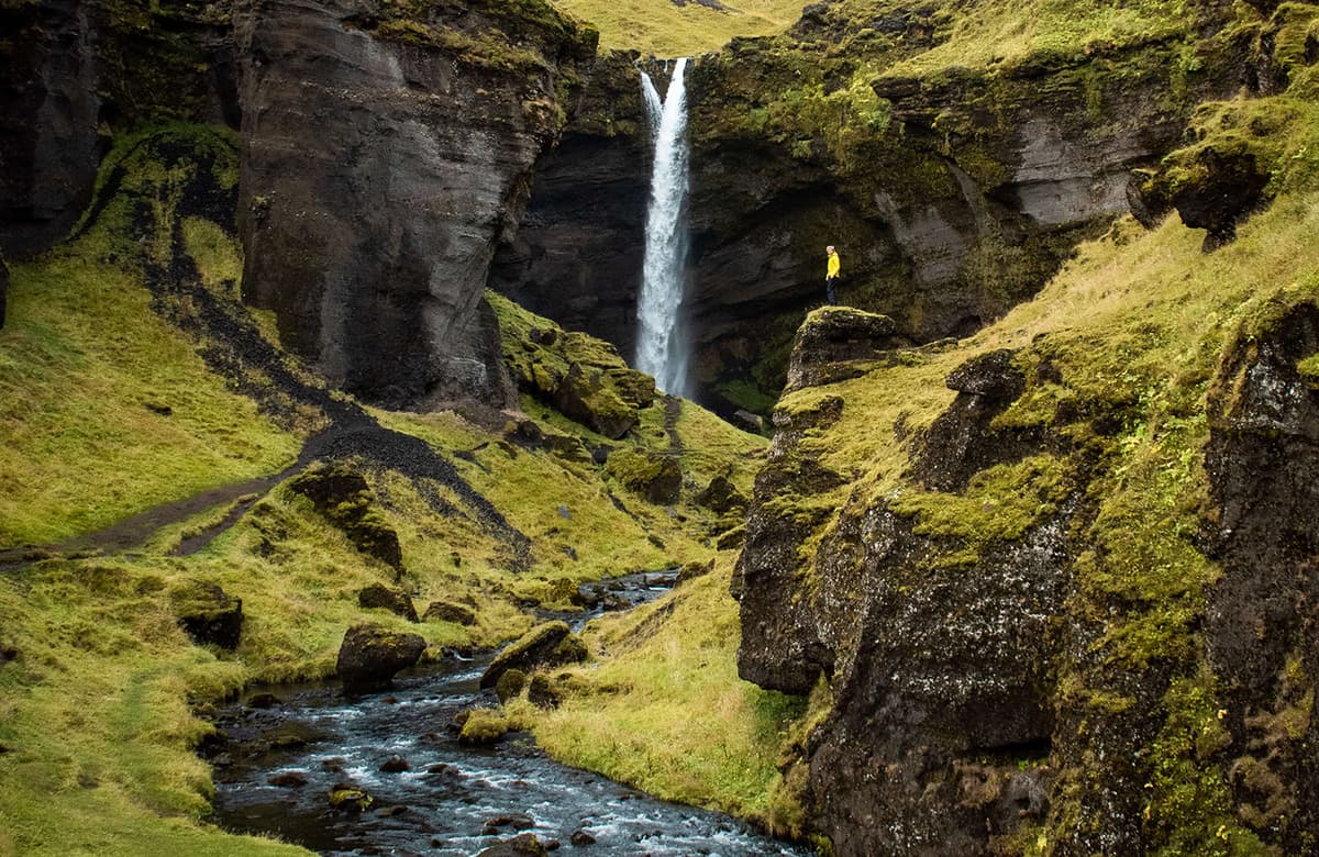 A waterfall inside of a mossy green canyon in Iceland