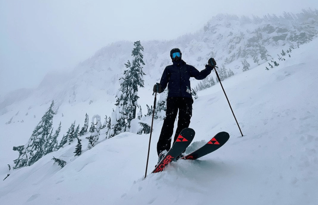 Caleb Babcock skiing with a fisheye view